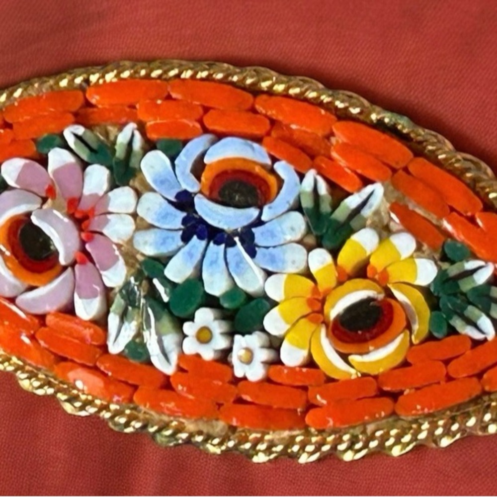 1960s Vintage Floral Micro Mosaic Brooch, Italian Brooch, Circa
